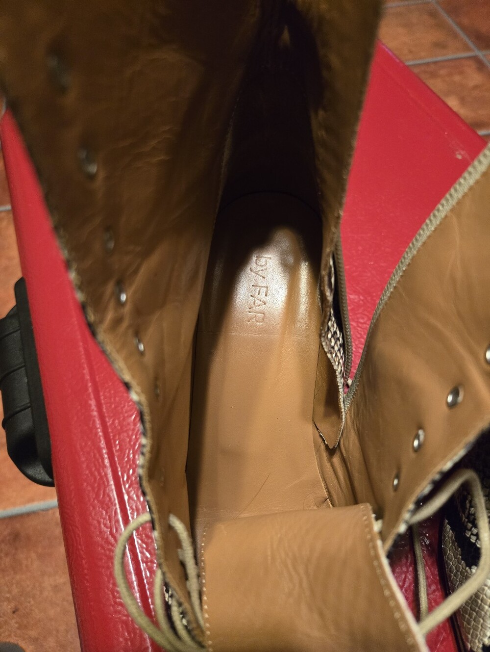 BY FAR Snake-Print Lace-Up Ankle Boots in Black and Tan - Picture 6 of 6
